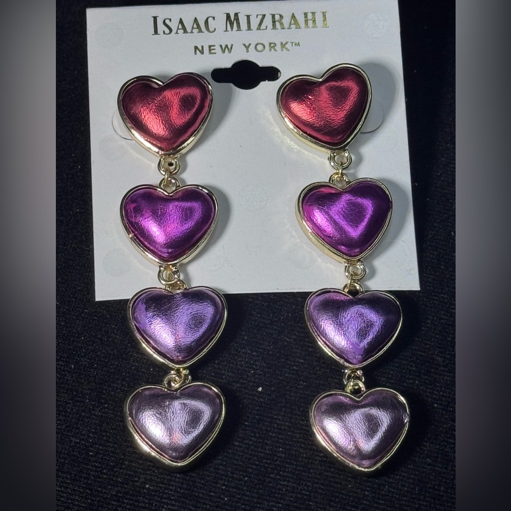 Isaac Mizrahi Multi Color Hearts Red Purple Post Earrings 3.5in approx